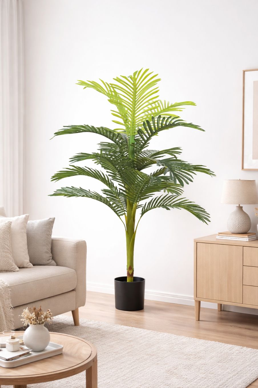 120x30cm - Plastic plant pot with artificial palm tree Black